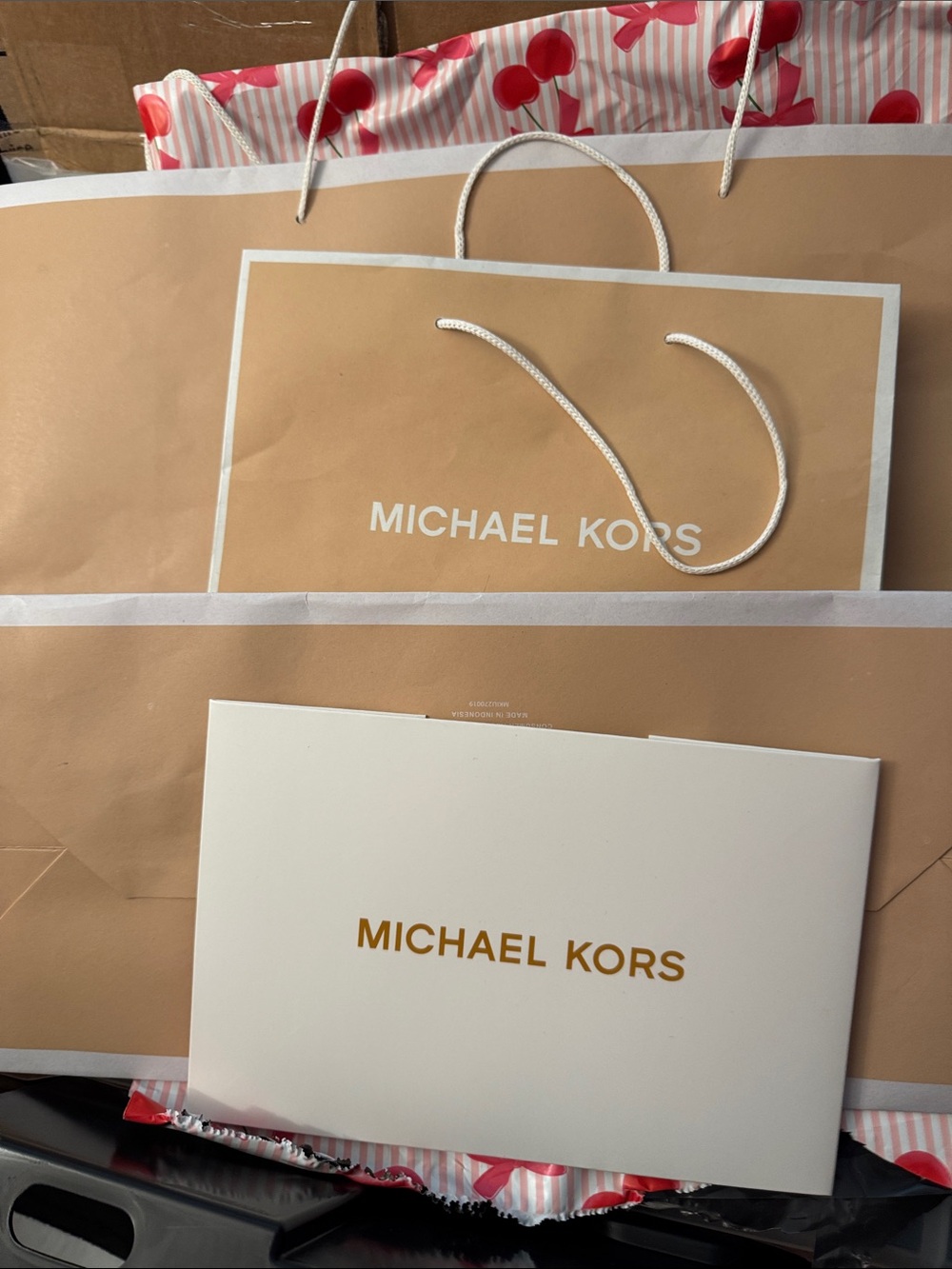 Michael Kors beige/tan and white gift box and Lg & Smshopping bag